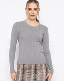 Madame Scalloped Neck Solid Grey Sweater