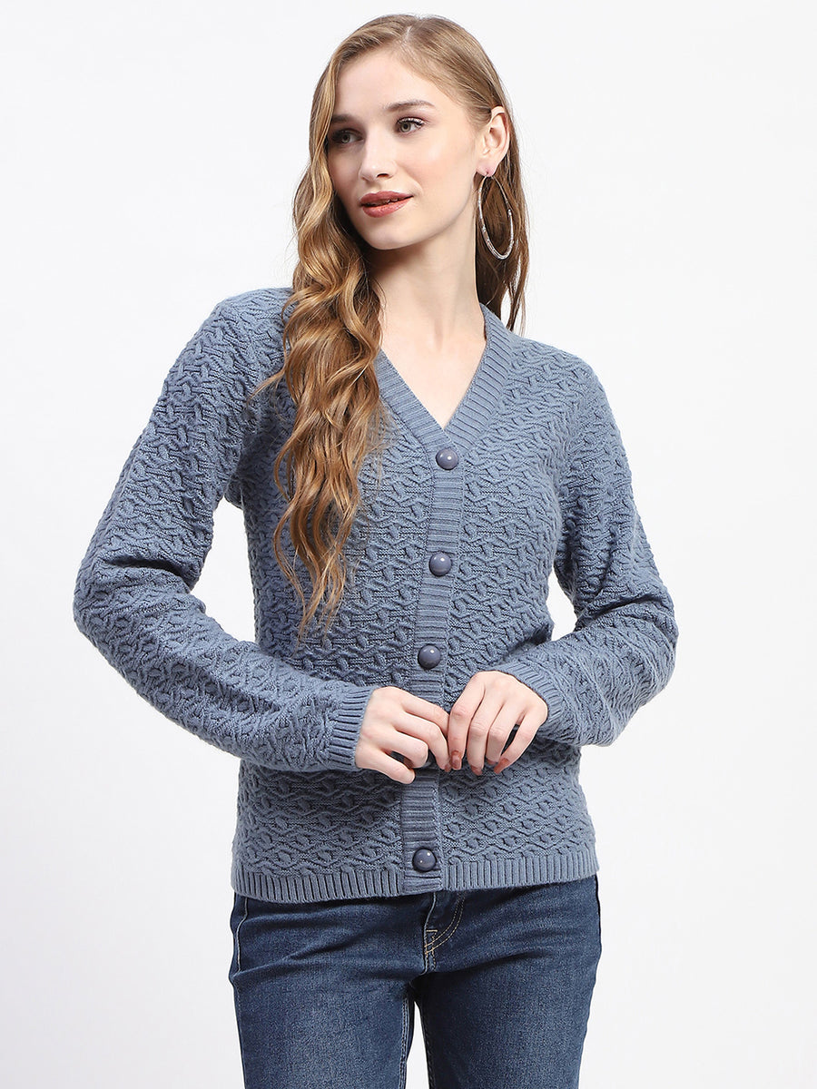 Madame Blue Cable Knit Button-Up Cardigan