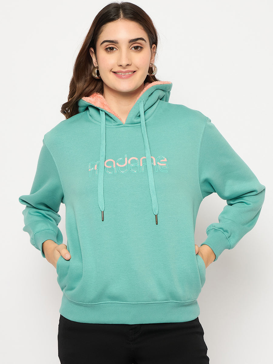 Madame Branding Print And Handwork Seafoam Hooded Sweatshirt