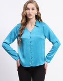 Madame Satin Bell Sleeve Collared Solid Blue Top