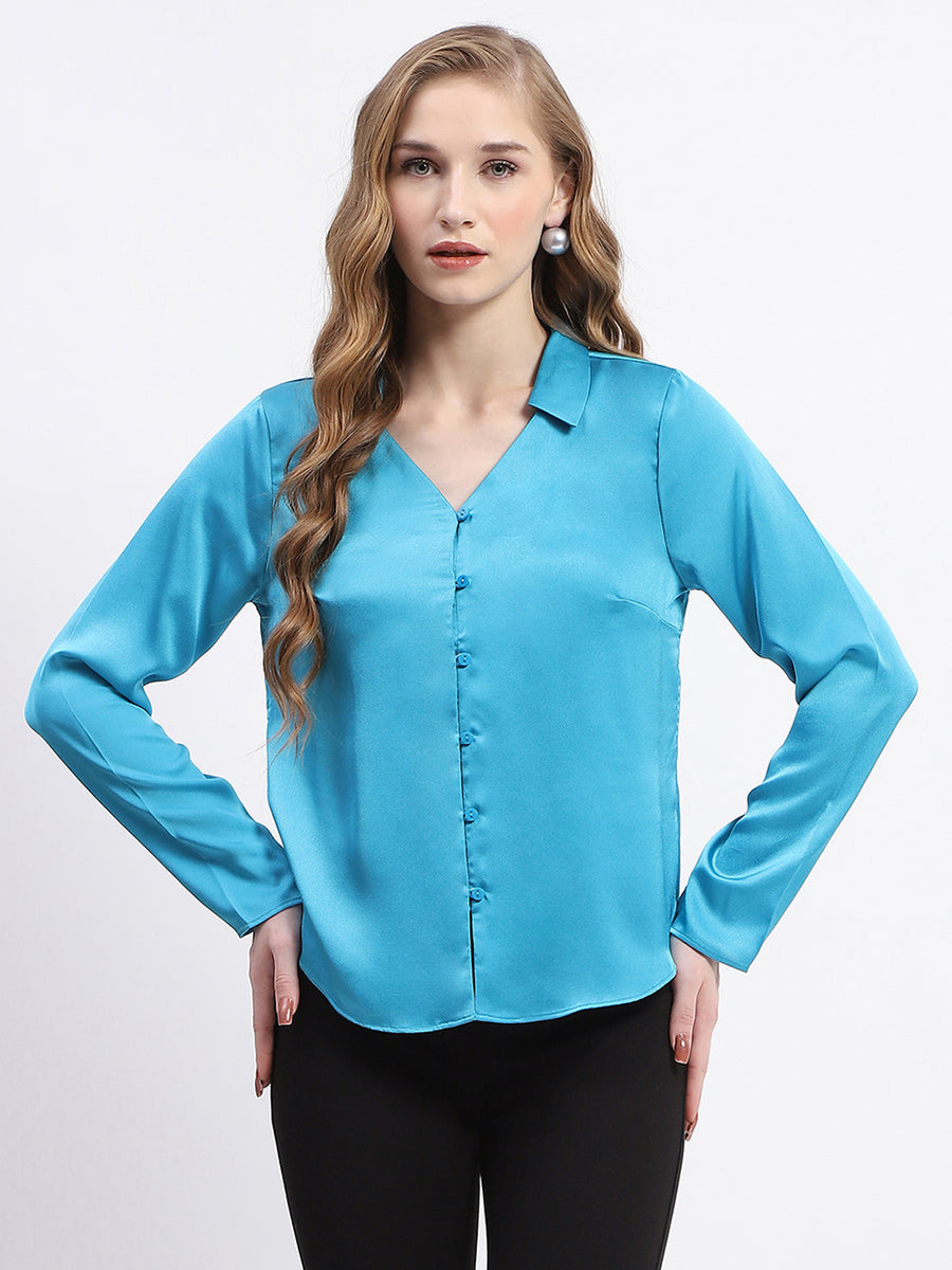 Madame Satin Bell Sleeve Collared Solid Blue Top