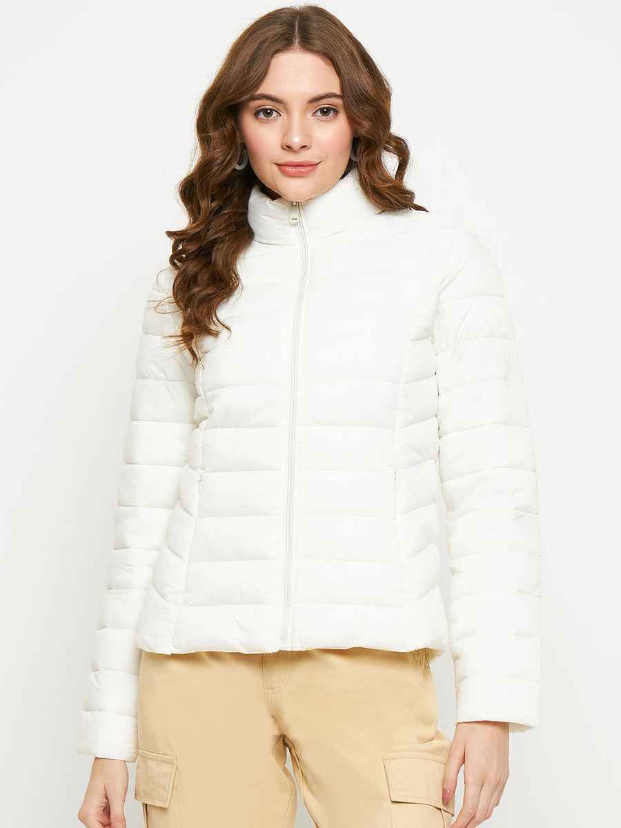 Madame Solid Off-White Quilted Jacket