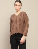 Madame Fringe Detailed V Neck Brown Sweater