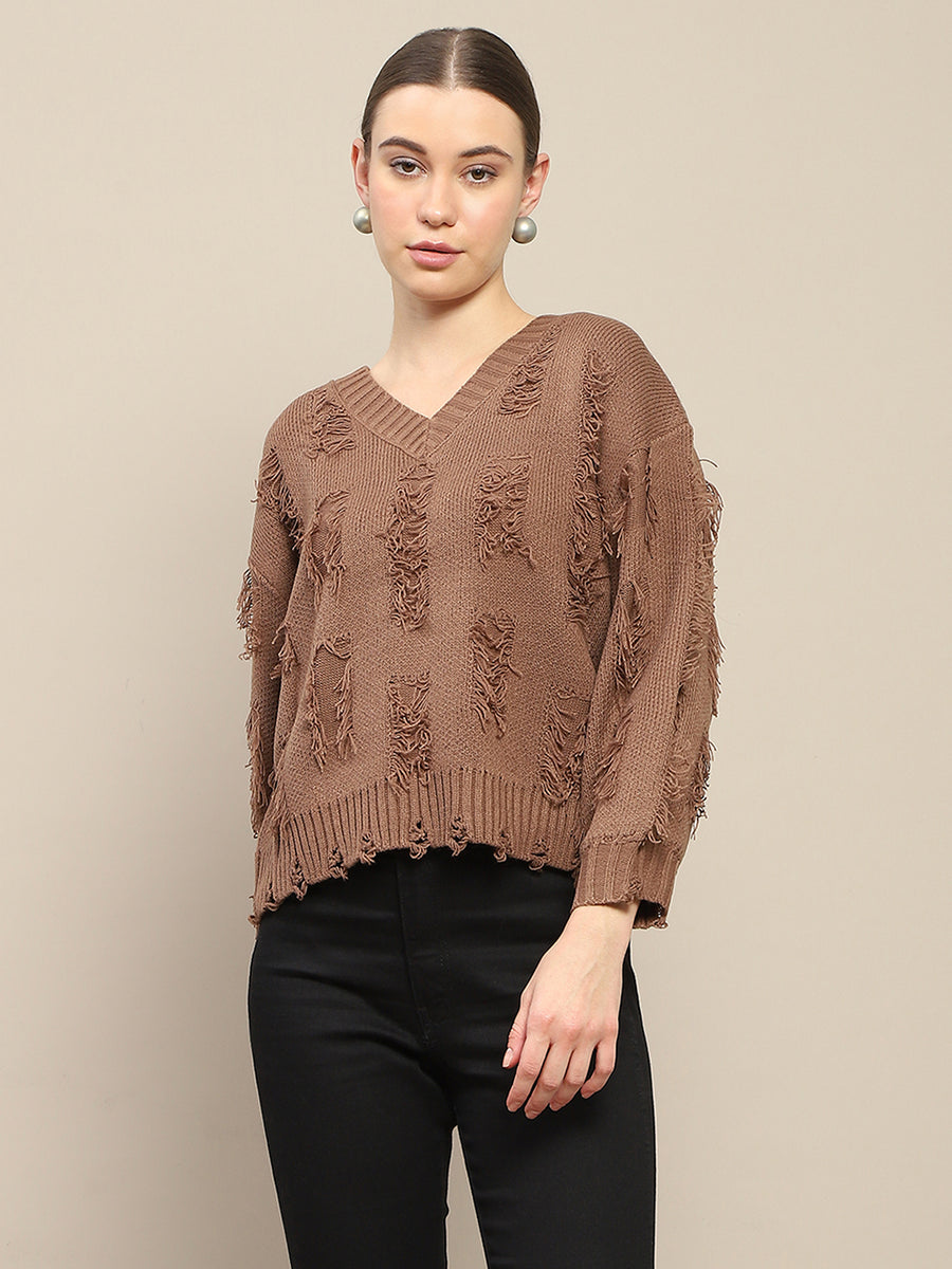 Madame Fringe Detailed V Neck Brown Sweater