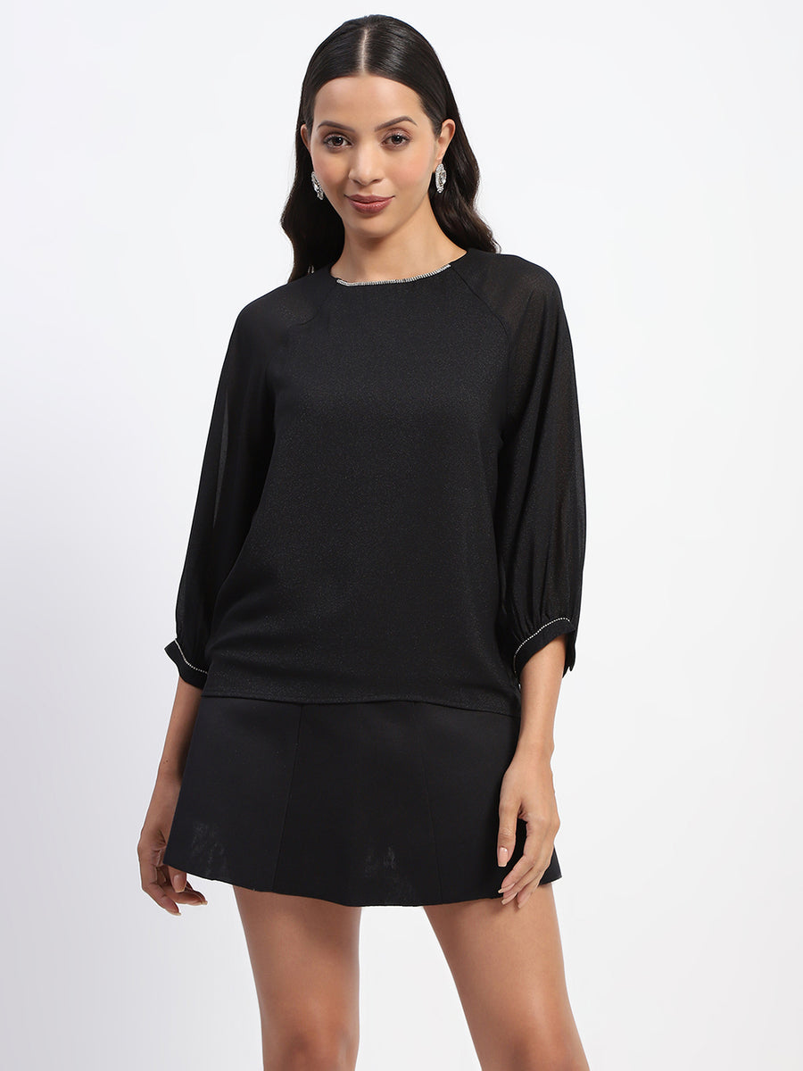 Madame Embellished Puffed Sleeve Black Top