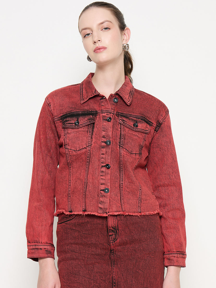 Madame Acid Wash Cotton Blend Red Denim Jacket