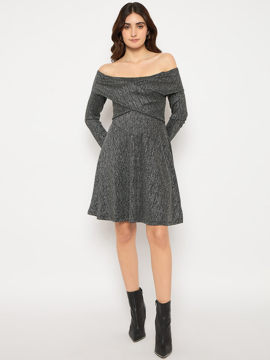 Madame Off Shoulder Self Design Black Knitted Midi Dress