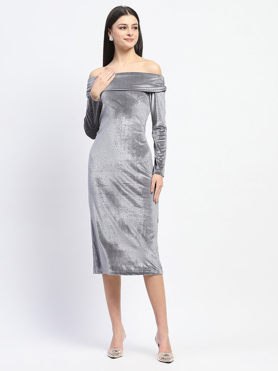 Madame Off-shoulder embellished Grey Velvet Dress