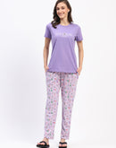 mSECRET Cotton Mauve Night Set with Typography Floral Print