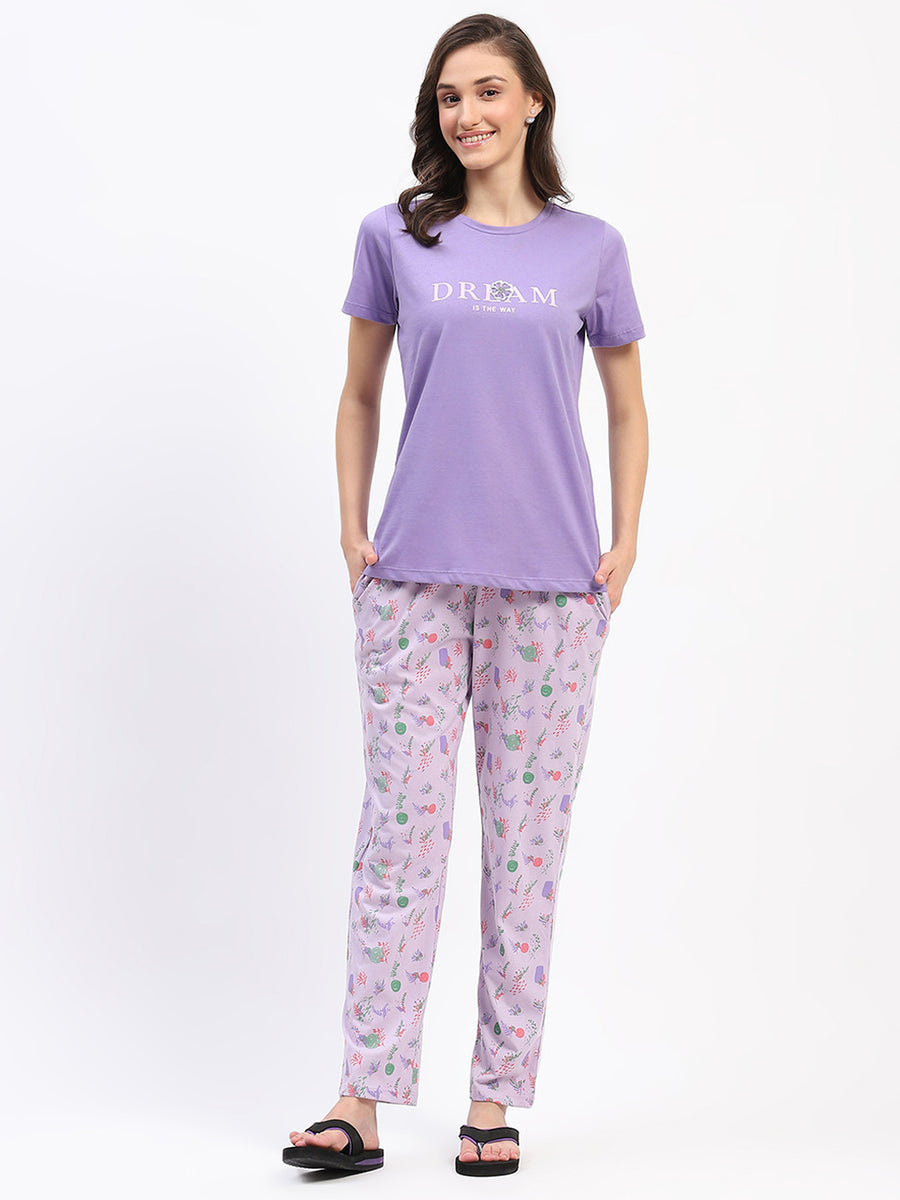 mSECRET Cotton Mauve Night Set with Typography Floral Print