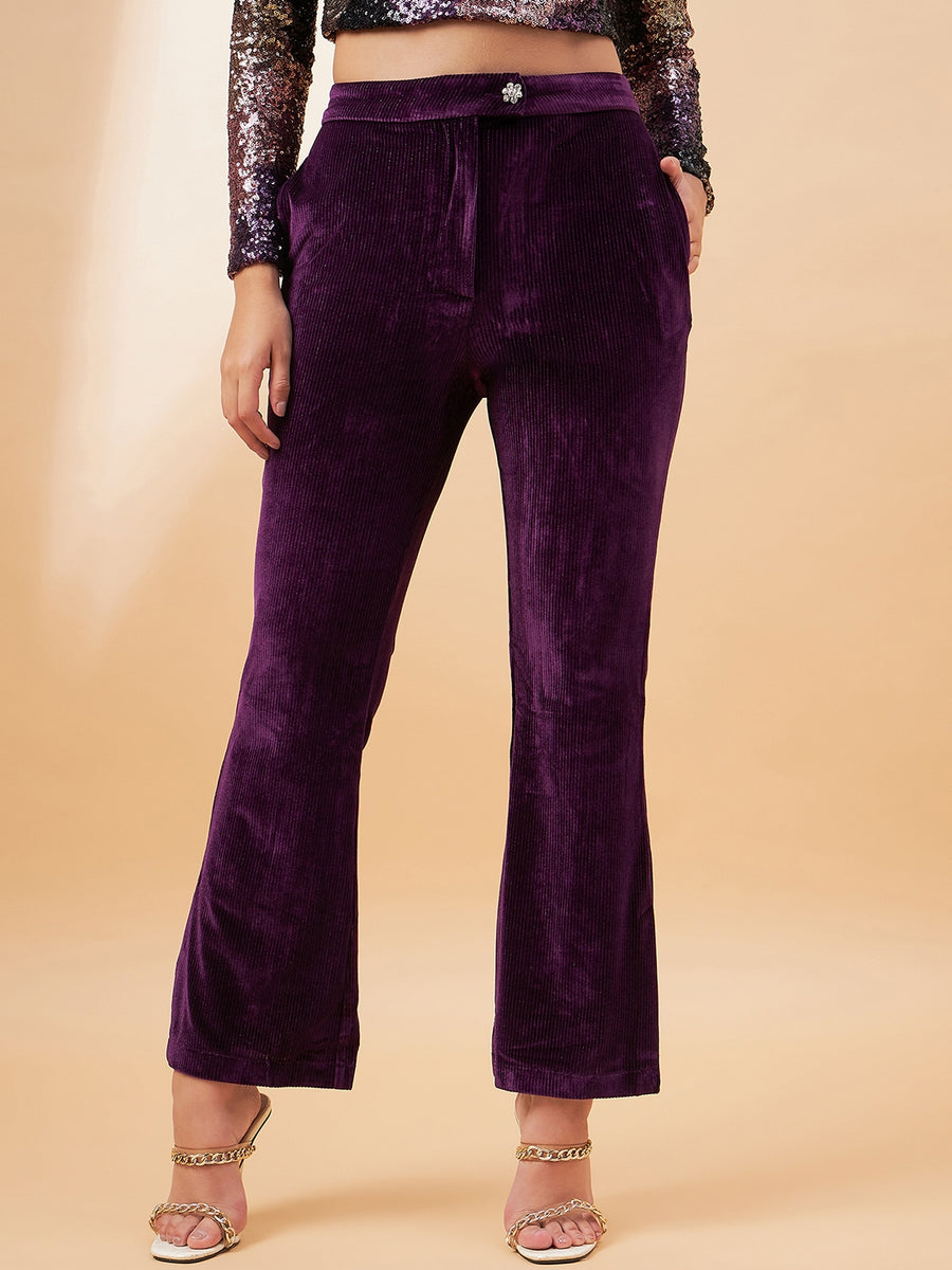 Madame Purple Flared Velvet Trousers