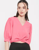 Camla Barcelona Front Knot V-Neckline Pink Crop Top