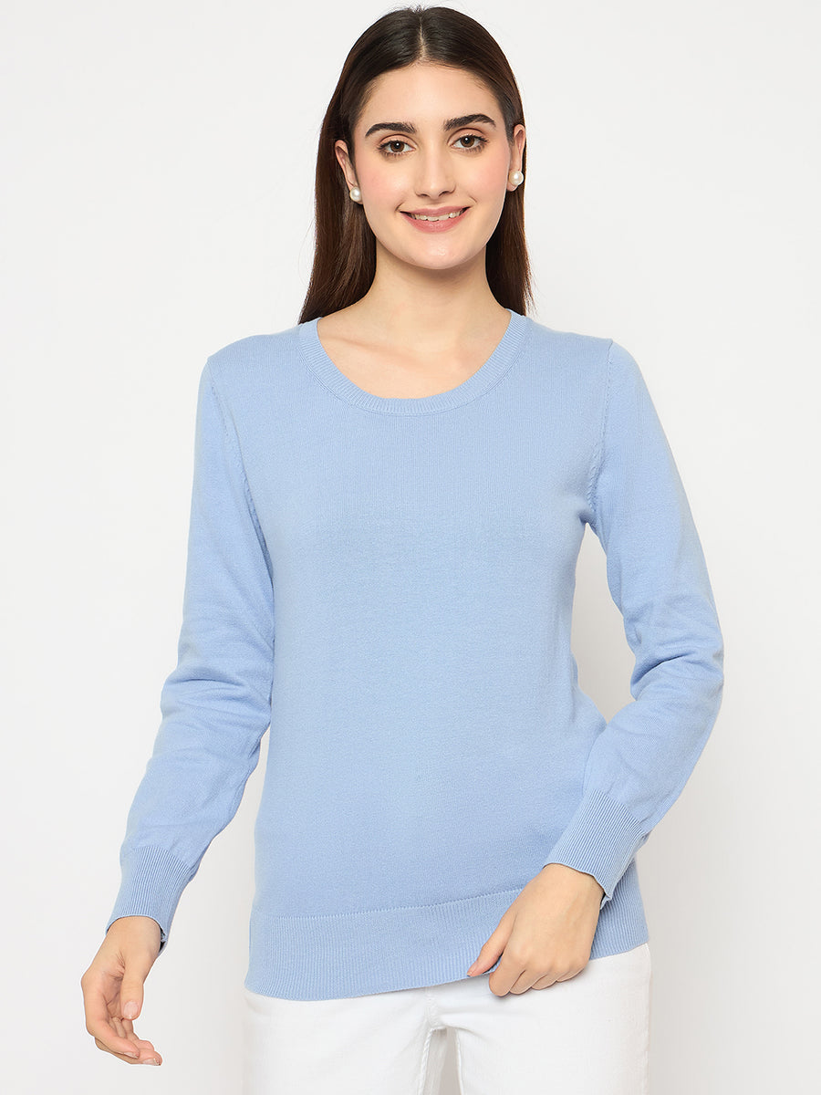 Madame Round Neck Ribbed Cuff Sky Blue Sweater