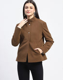 Madame Textured High Neck Coffee Brown Short Coat