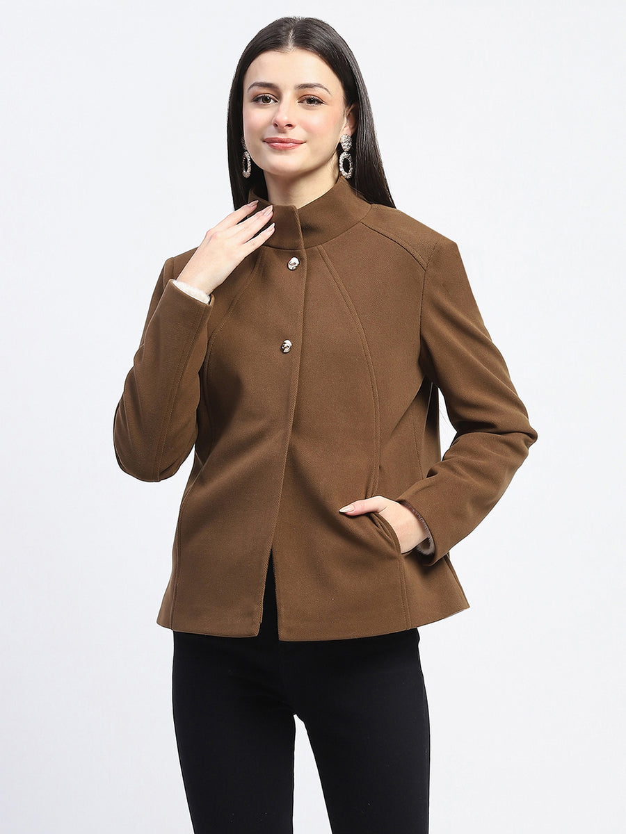 Madame Textured High Neck Coffee Brown Short Coat