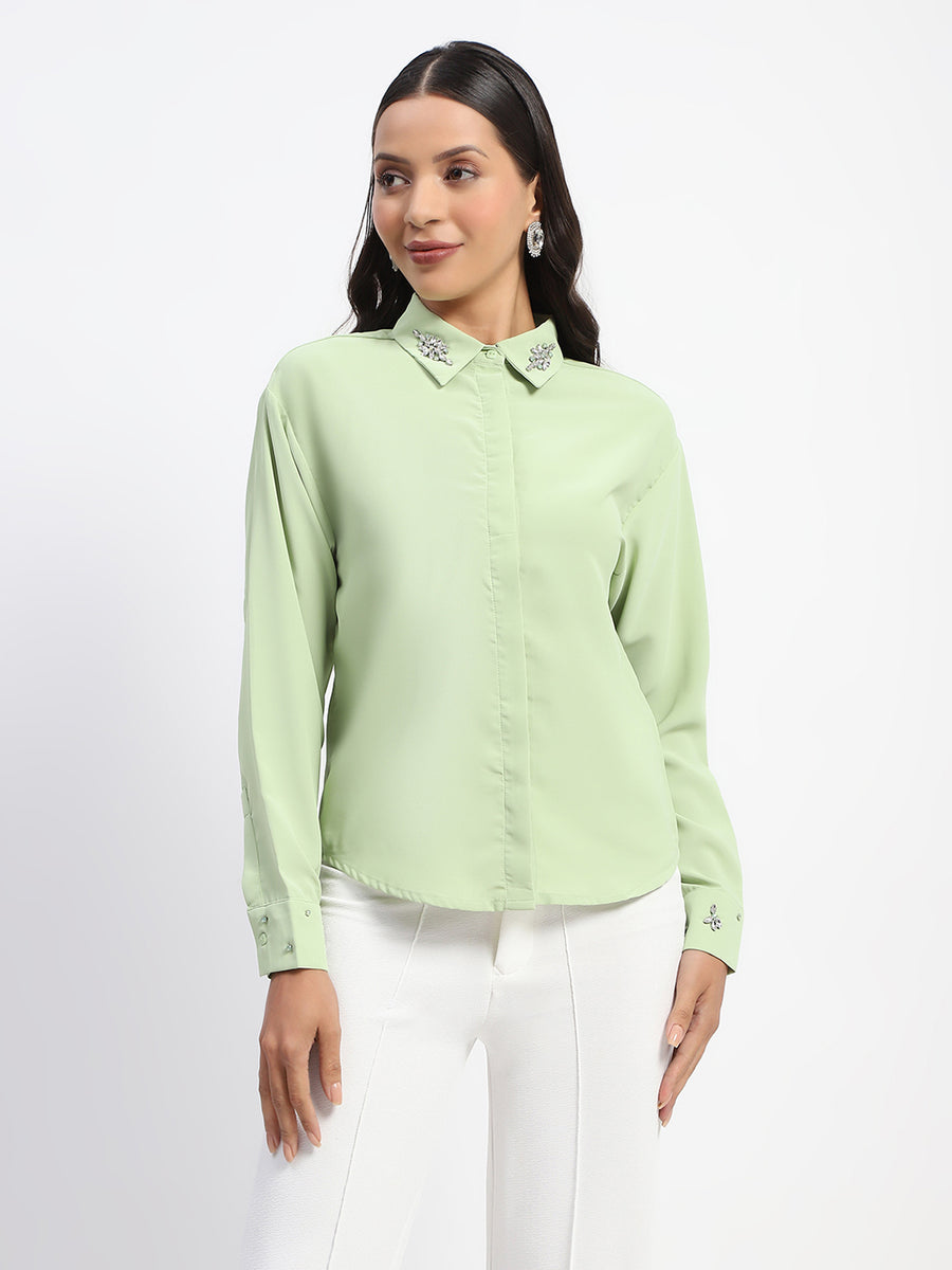 Madame Collar And Sleeve Embellished Green Shirt