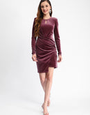 Madame Front Ruched Detailed Solid Mauve Midi Velvet Dress