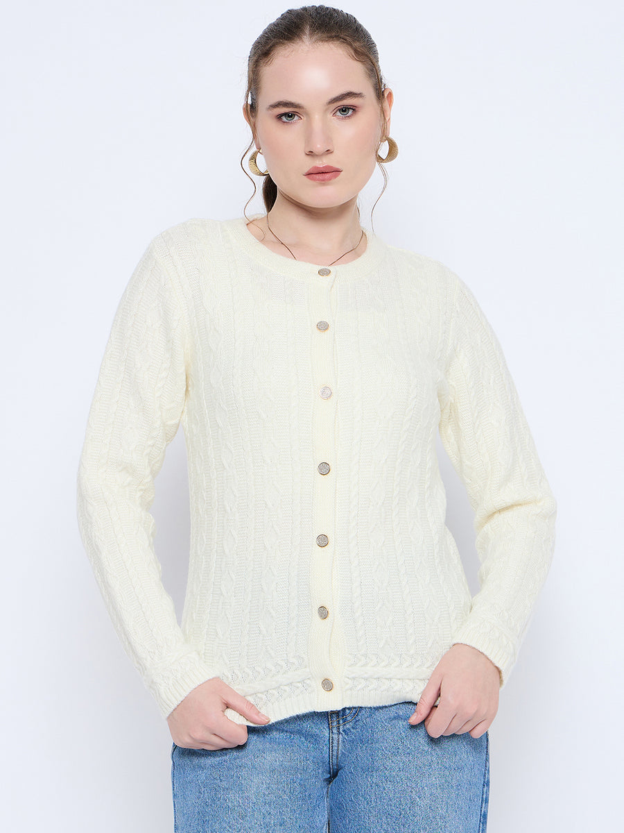 Madame Self Design Crew Neck Off White Cardigan