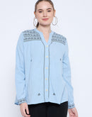 Madame Cotton Embroidery Detailed Sky Blue Top