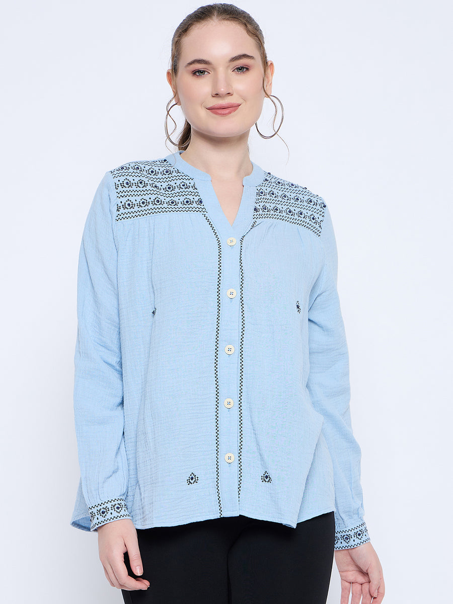 Madame Cotton Embroidery Detailed Sky Blue Top