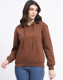 Madame Fleece Embroidered Closed Brown Hooded Sweatshirt For Women