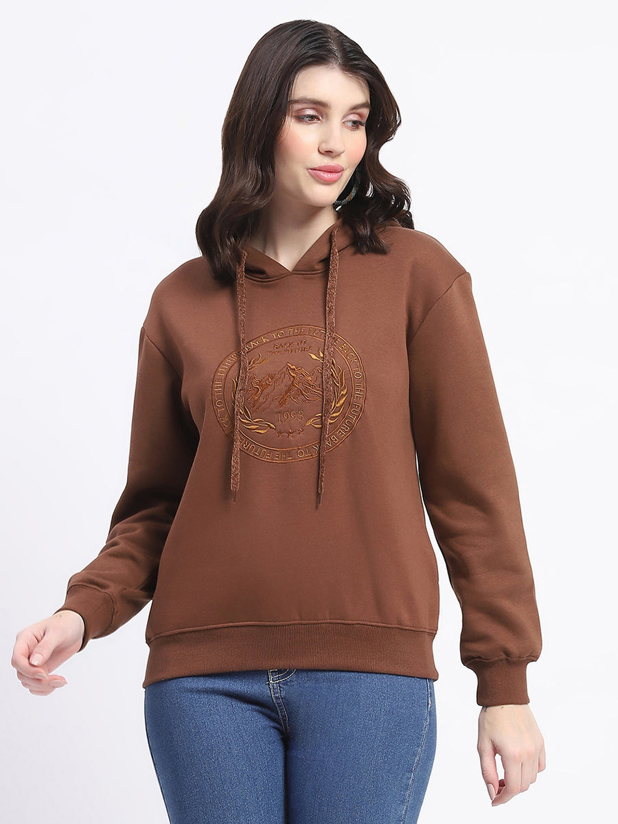 Madame Fleece Embroidered Closed Brown Hooded Sweatshirt For Women