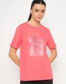 Madame Basic Fit Graphic Print Round Neck Half Sleeve Pink Top