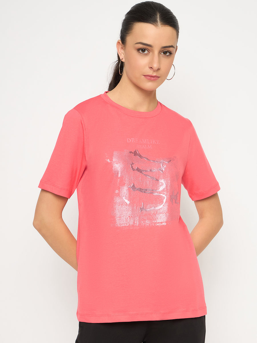 Madame Basic Fit Graphic Print Round Neck Half Sleeve Pink Top