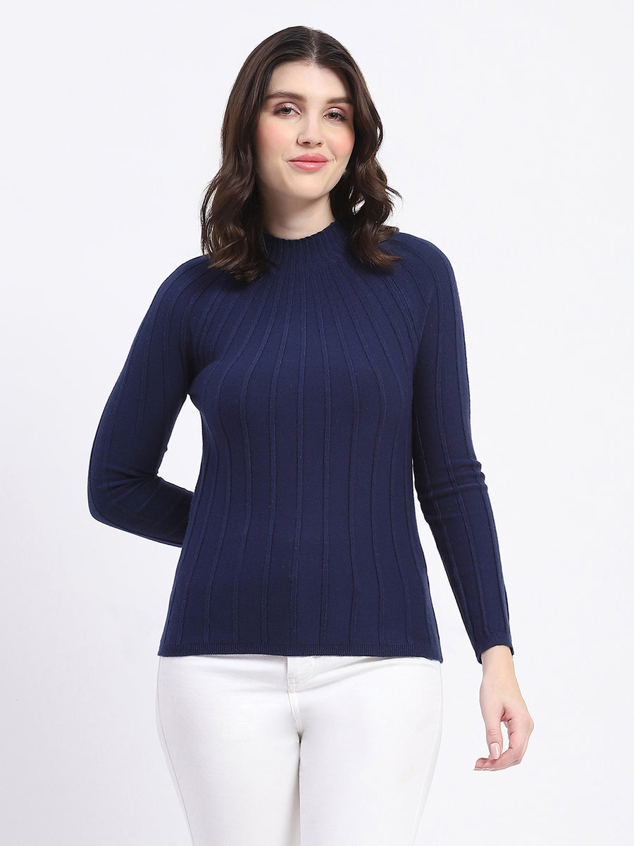 Madame Ribbed Navy Blue MOck Neck Sweater