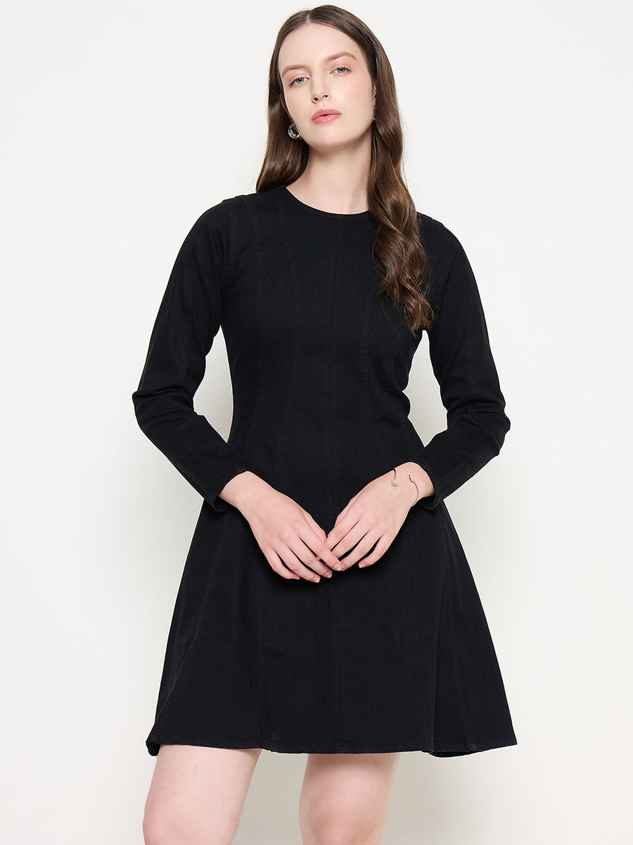 Madame Black A-line Cotton Blend Denim Dress