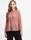 Madame Shimmer Pleated Hem Sheer Peach Shirt