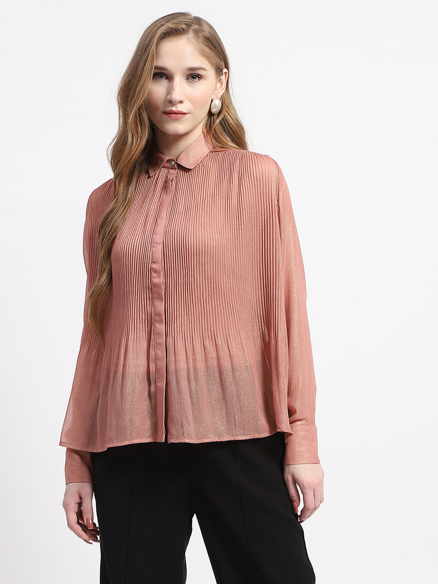 Madame Shimmer Pleated Hem Sheer Peach Shirt