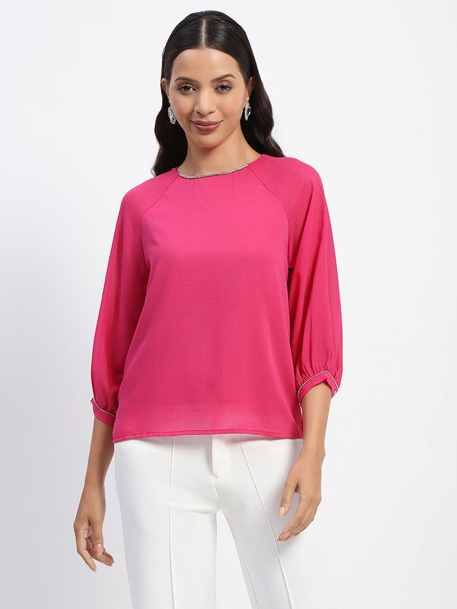 Madame Embellished Puffed Sleeve Hot Pink Top