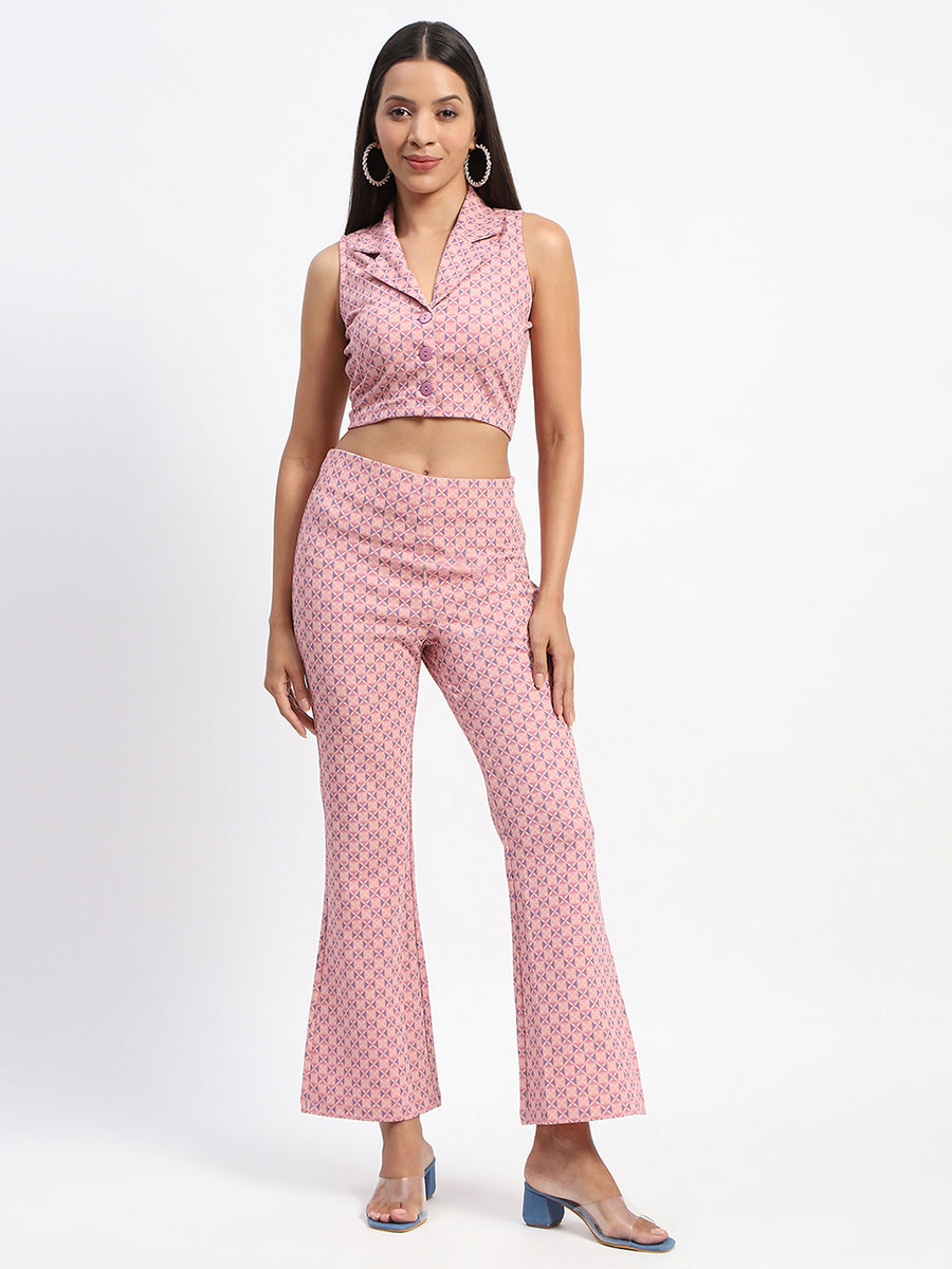 Madame Geometric Print Lapel Notch Peach Co-Ord Set