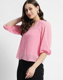 Madame V-Neck Puffed Sleeve Pink Dobby Top