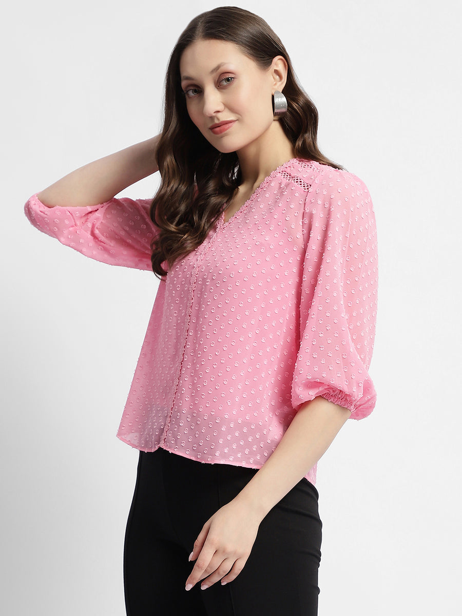 Madame V-Neck Puffed Sleeve Pink Dobby Top