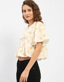 Madame Mandarin Collar  Ruffle Detailing Printed Cotton Peplum Top