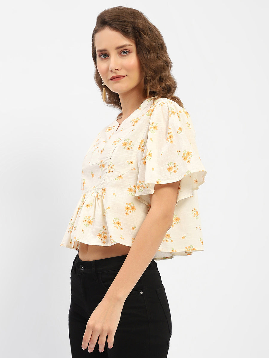 Madame Mandarin Collar  Ruffle Detailing Printed Cotton Peplum Top