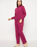 mSECRET Printed Zipped Top and Bottom Cotton Blend Plum Night Suit