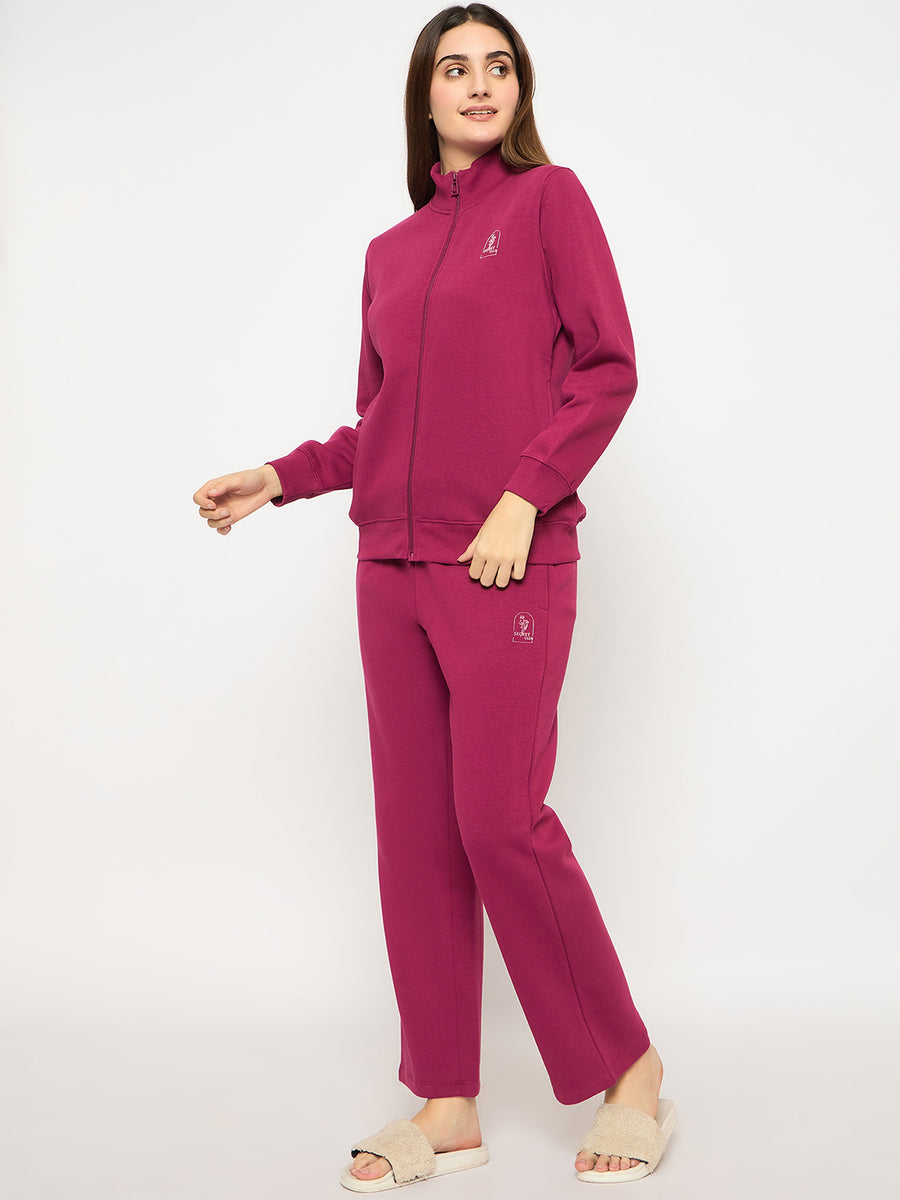 mSECRET Printed Zipped Top and Bottom Cotton Blend Plum Night Suit