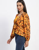 Madame Abstract Print Tie Front Yellow Top