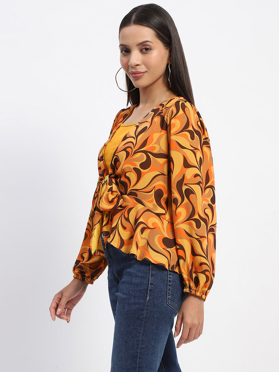 Madame Abstract Print Tie Front Yellow Top