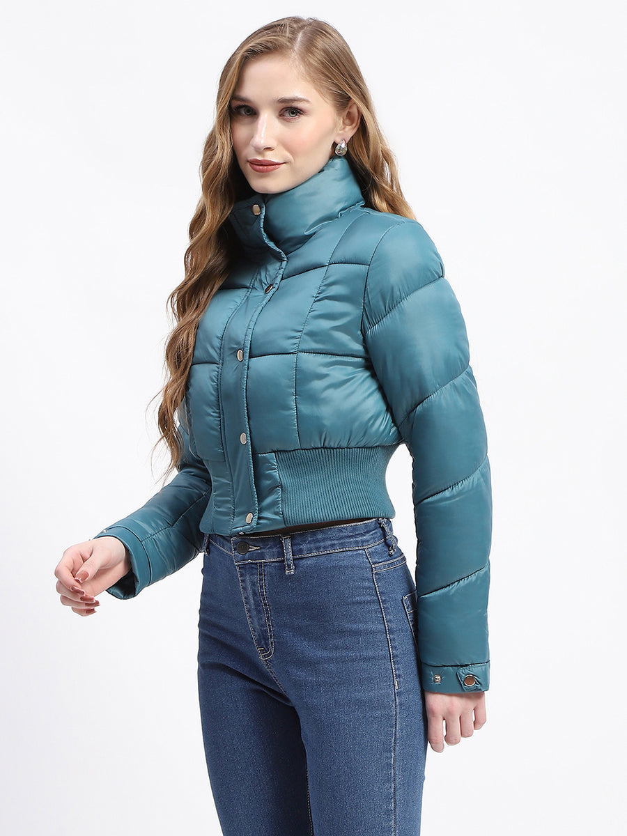 Madame Cropped Aqua Quilted Puffer High Neck Jacket