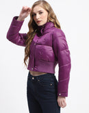 Madame Cropped Purple Quilted Puffer High Neck Jacket