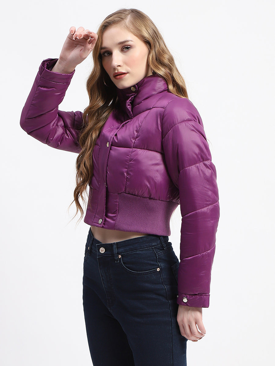 Madame Cropped Purple Quilted Puffer High Neck Jacket