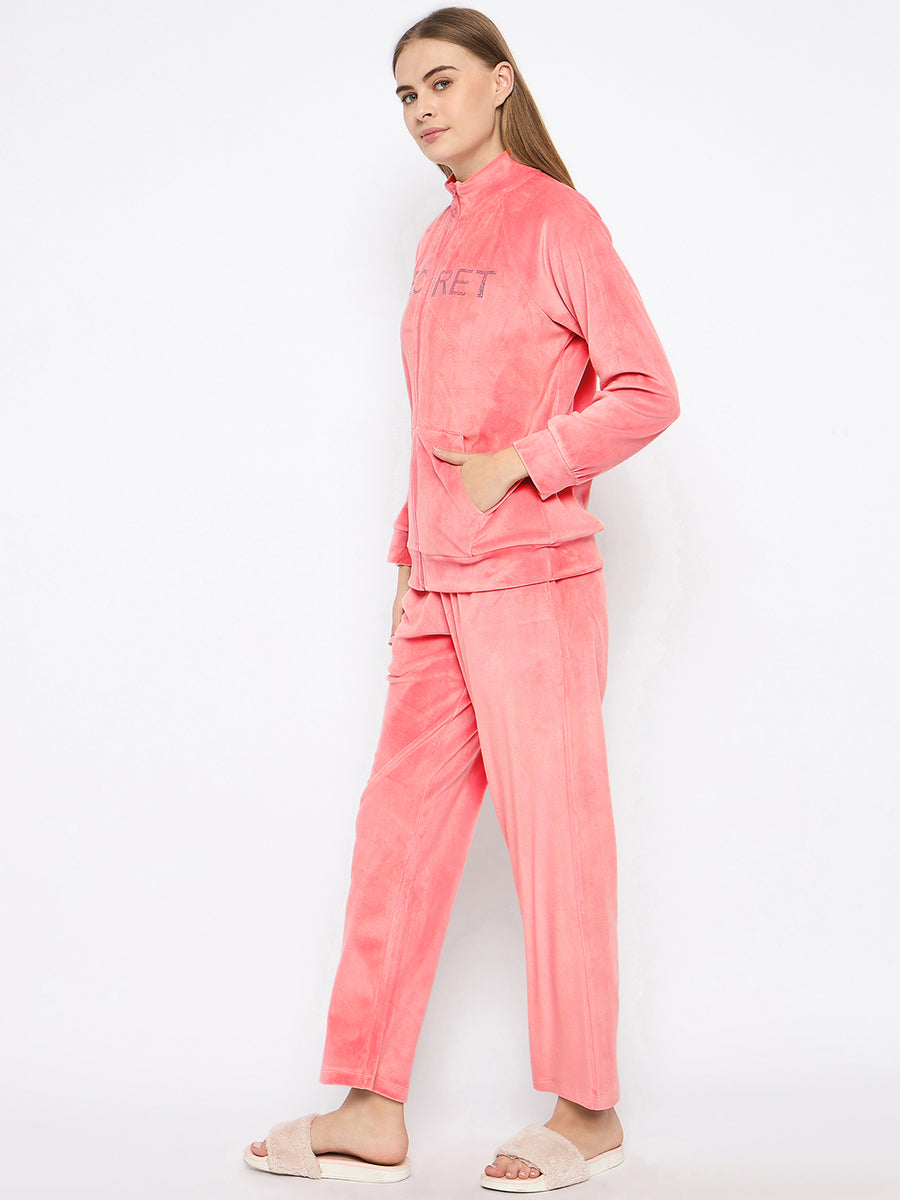 mSECRET Velour Swarovski Detailed  Zipped Blush Top and Bottom Night Suit