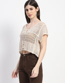 Madame Buttoned Cotton Crochet Sheer Off White Top