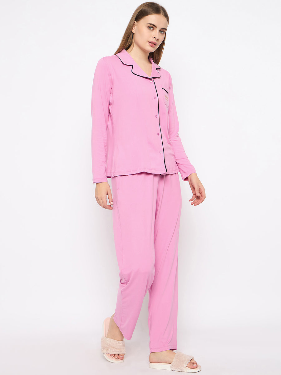 mSECRET Open Front Contrast Bonning Pink Night Suit