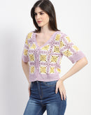 Madame Crochet Knit Button-Down Mauve Cotton Crop Top