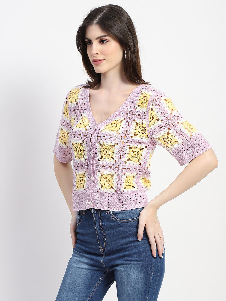 Madame Crochet Knit Button-Down Mauve Cotton Crop Top